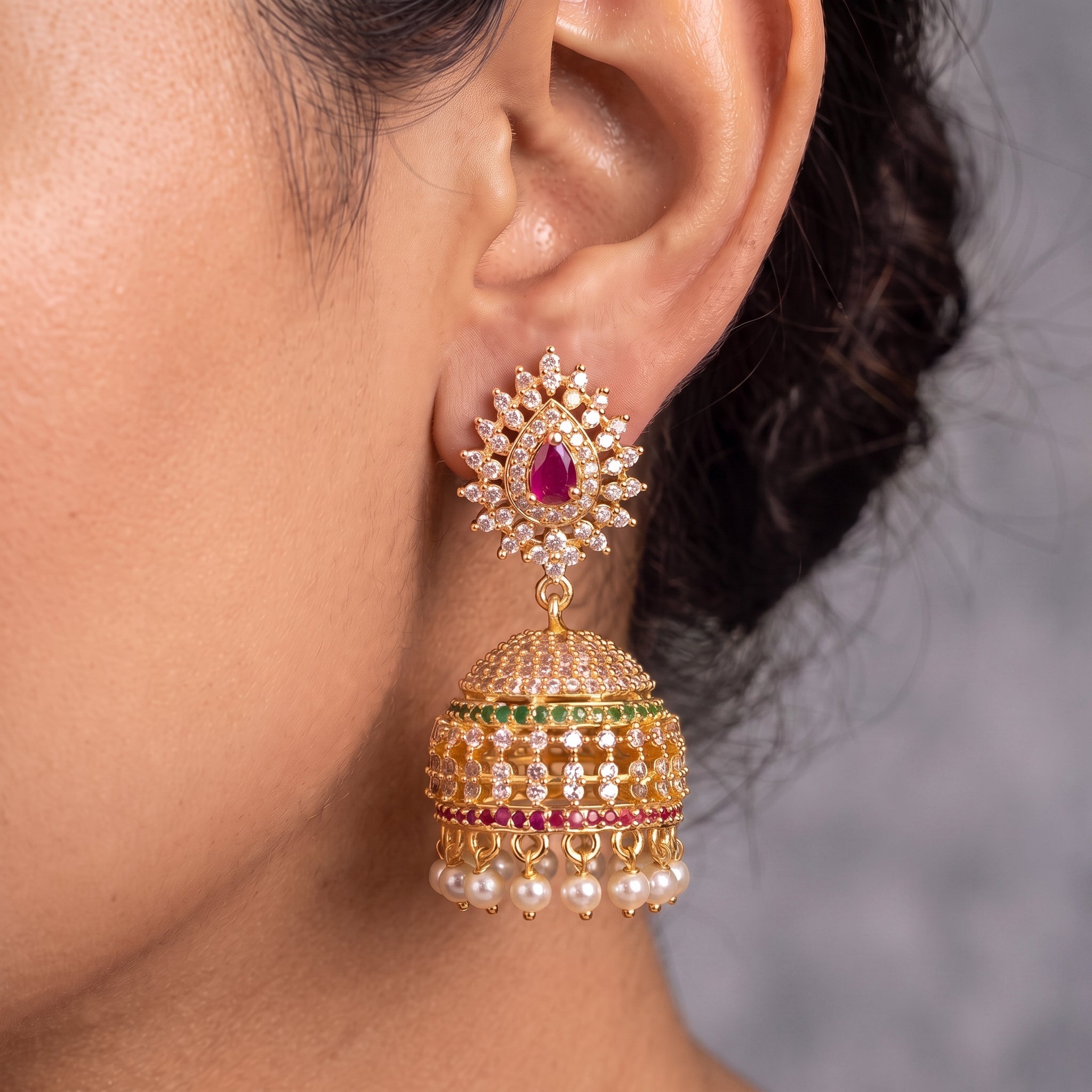 Zoraya Ruby Pearl Jhumka Earrings