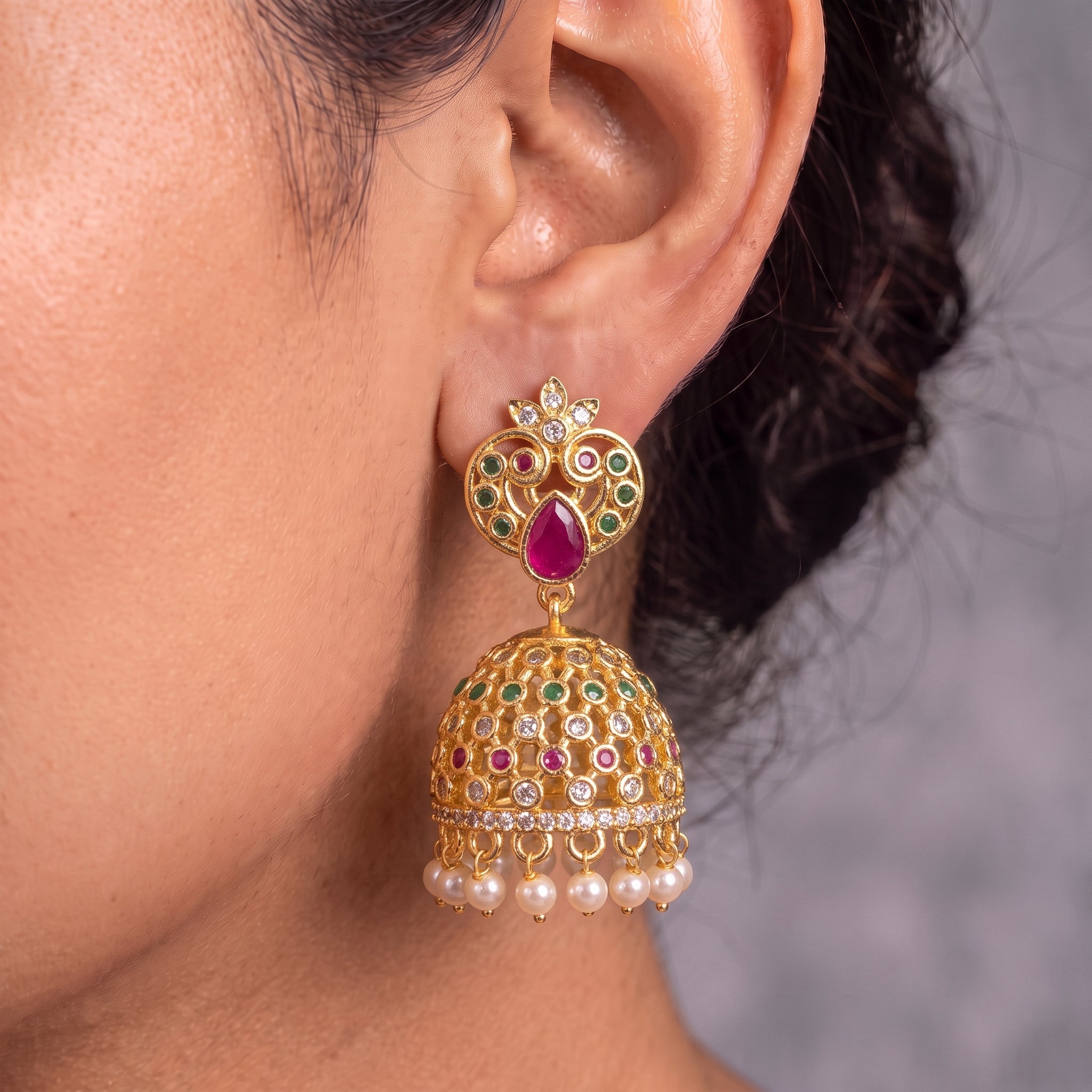 Zoraya Ruby Pearl Jhumka Earrings