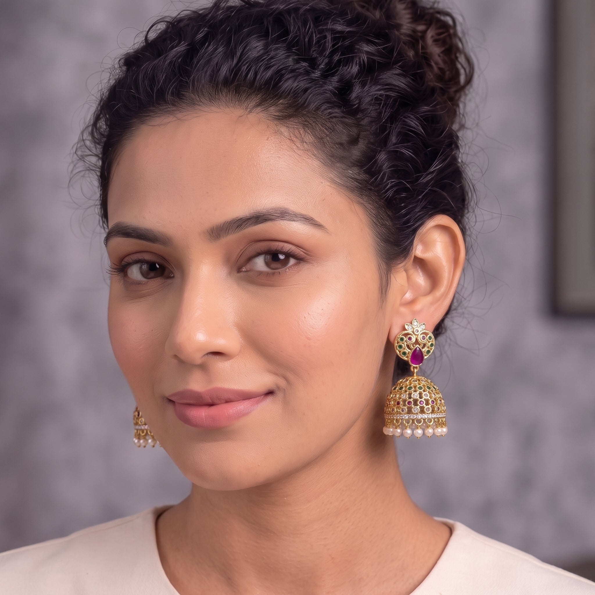 Zoraya Ruby Pearl Jhumka Earrings