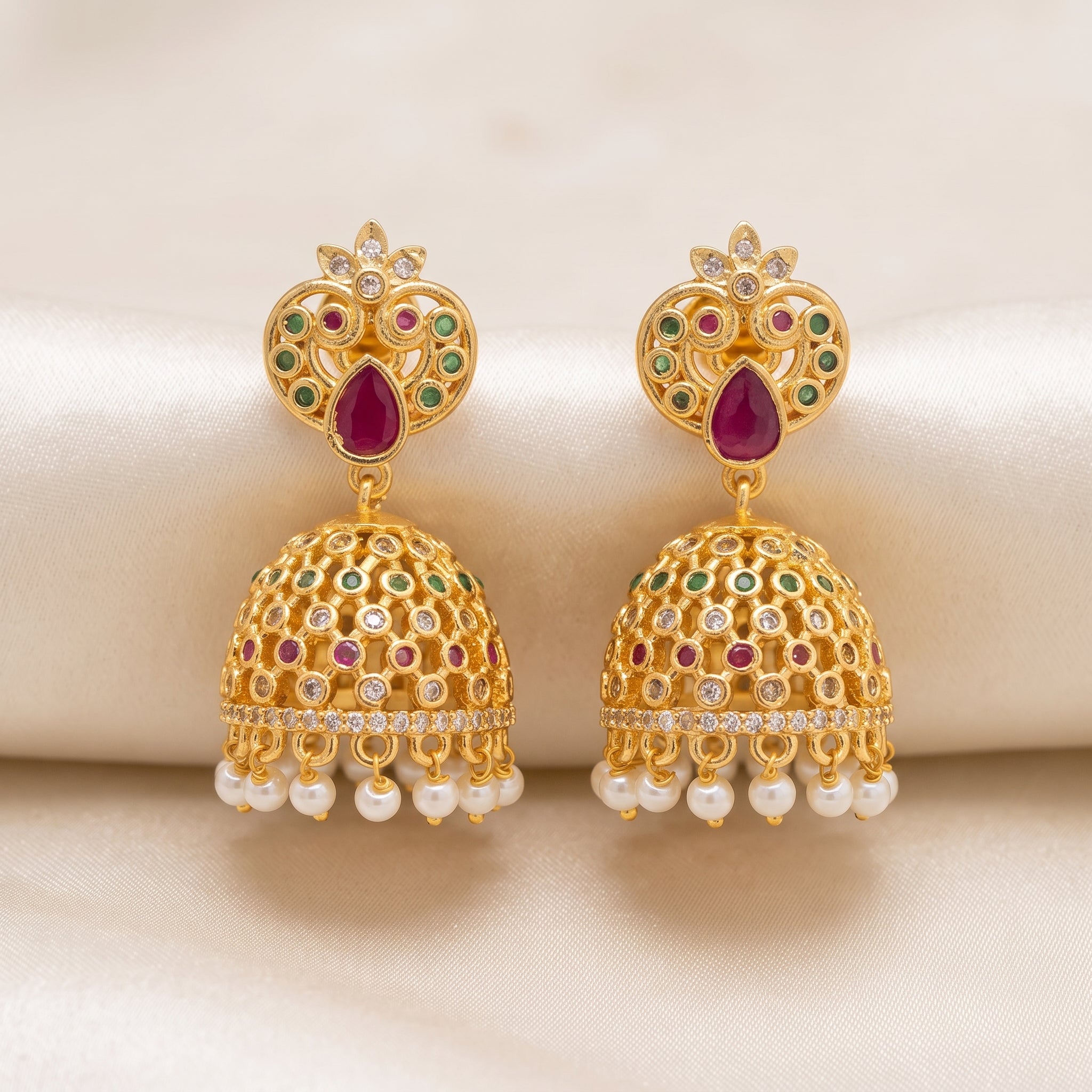 Zoraya Ruby Pearl Jhumka Earrings