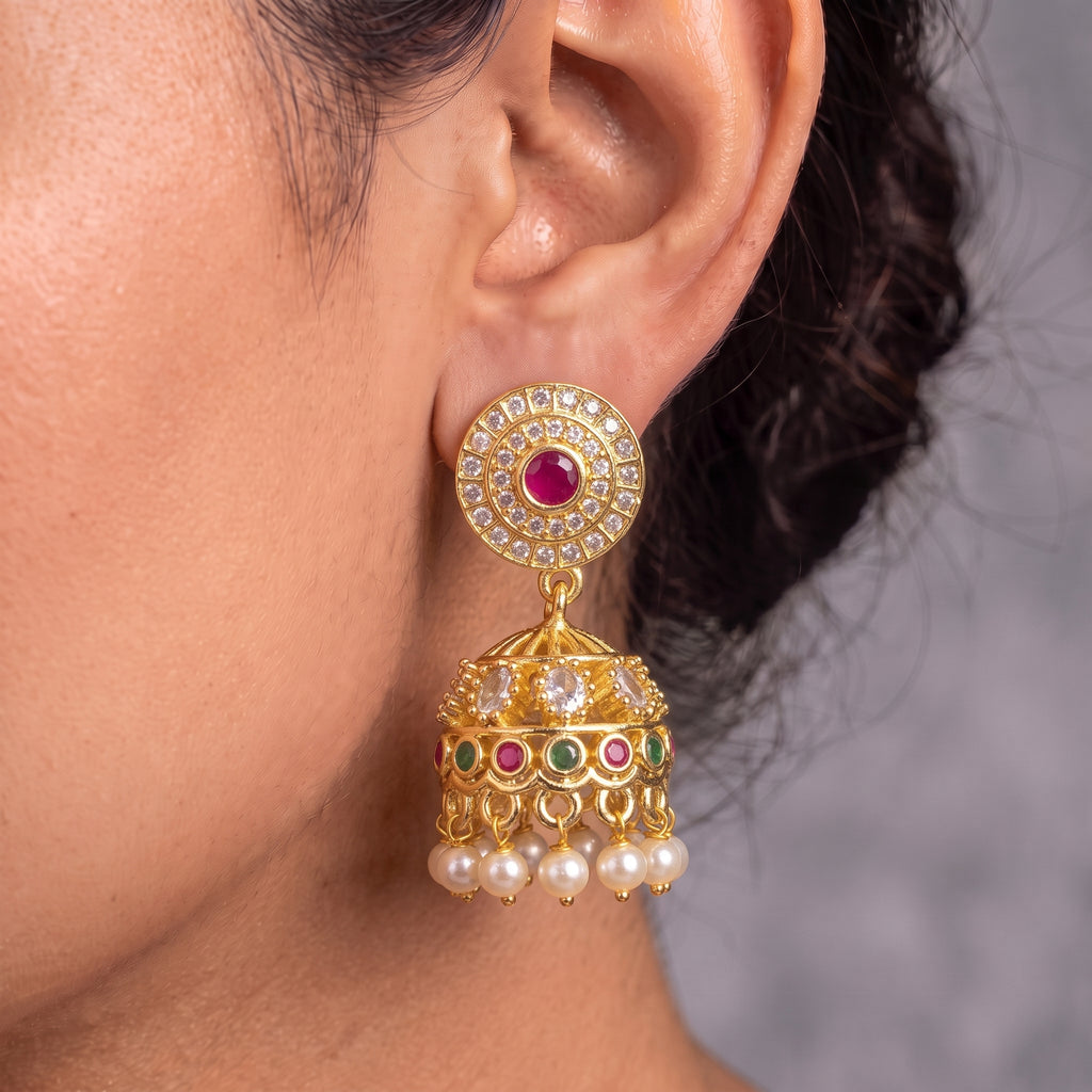 Zoraya Premium CZ Pearl Jhumka Earrings