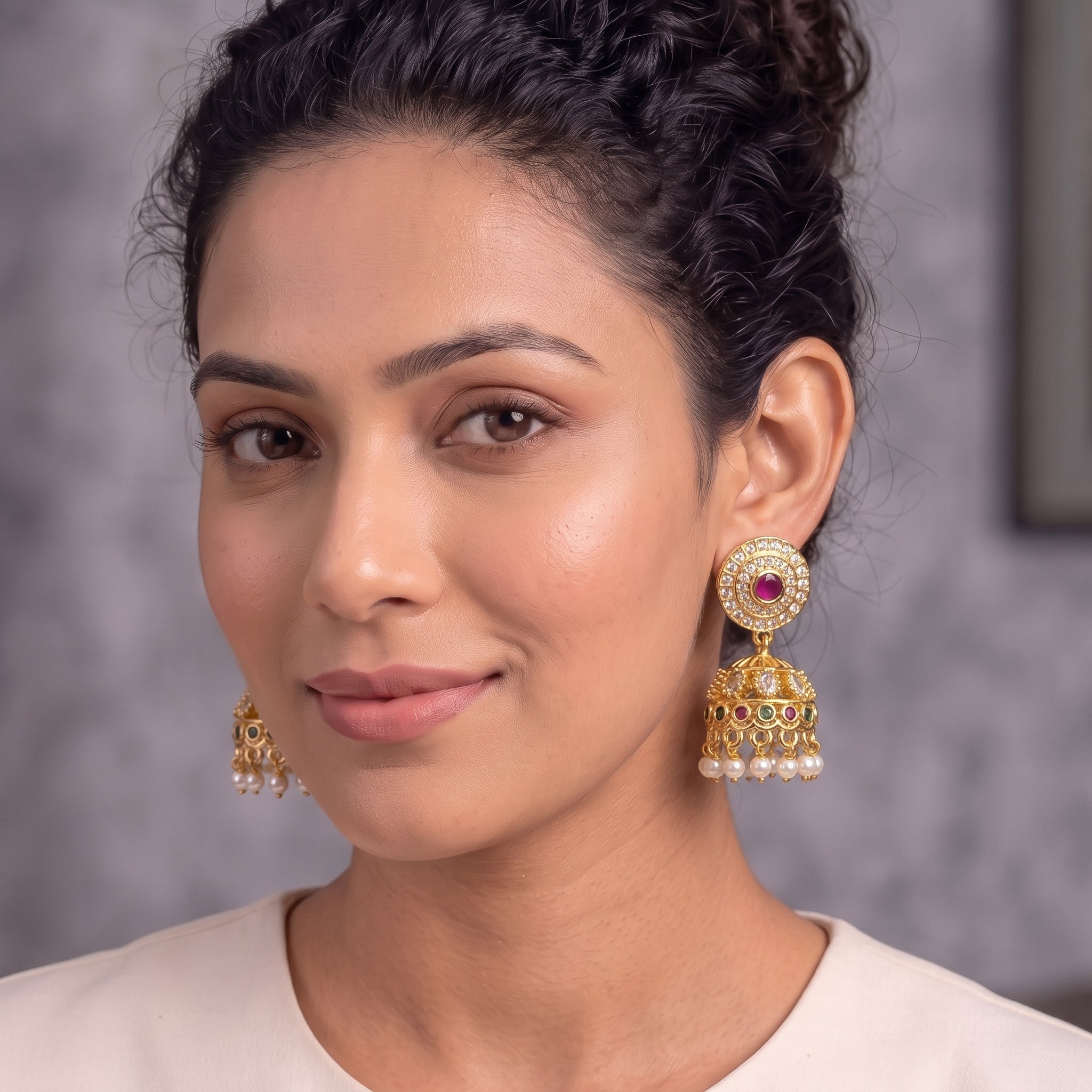 Zoraya Premium CZ Pearl Jhumka Earrings