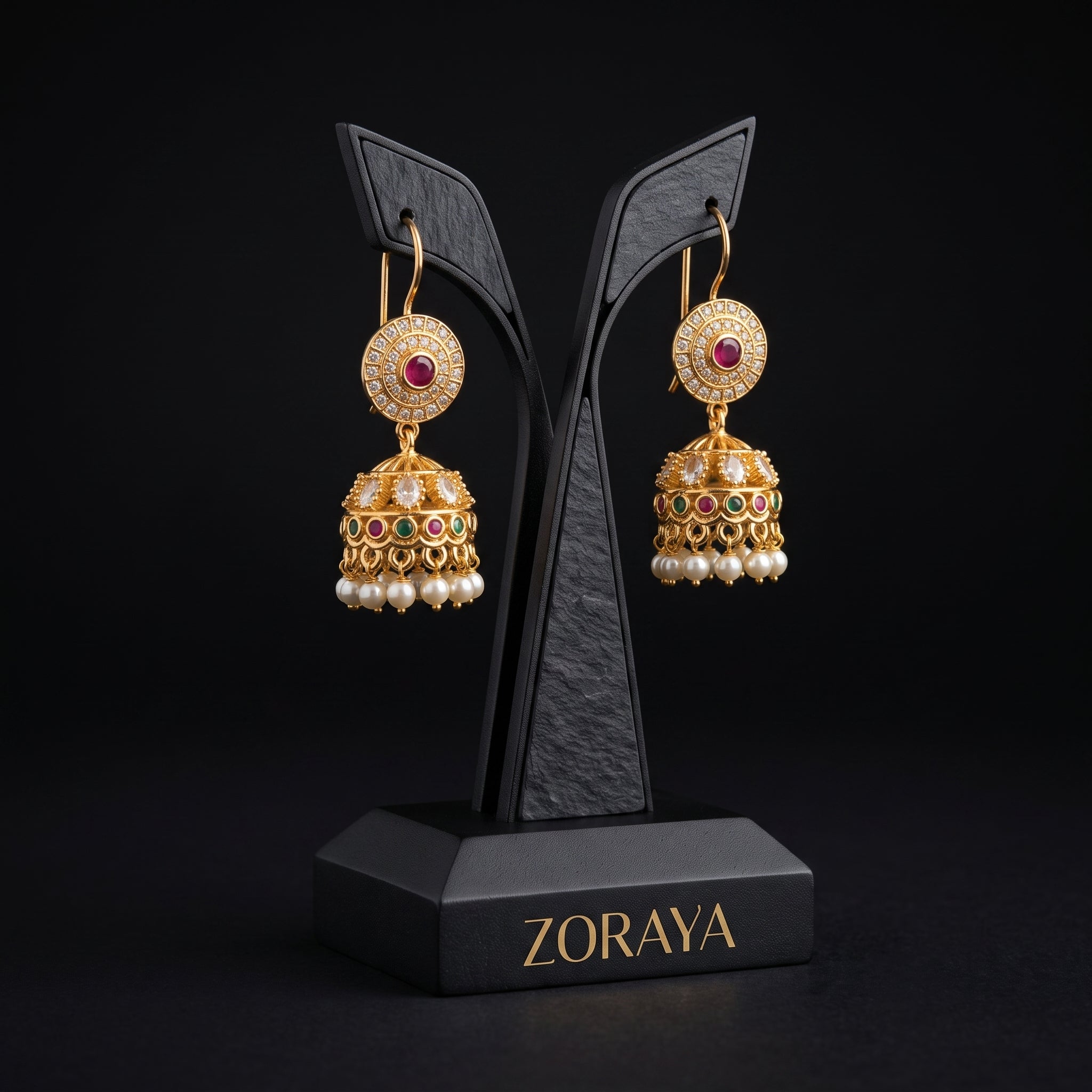 Zoraya Premium CZ Pearl Jhumka Earrings
