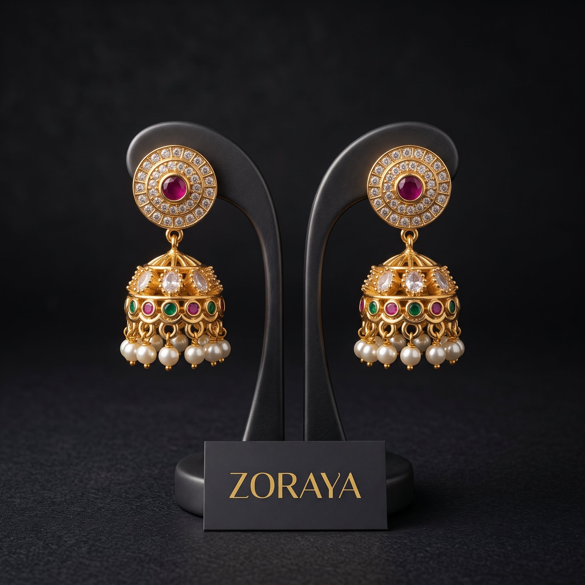 Zoraya Premium CZ Pearl Jhumka Earrings