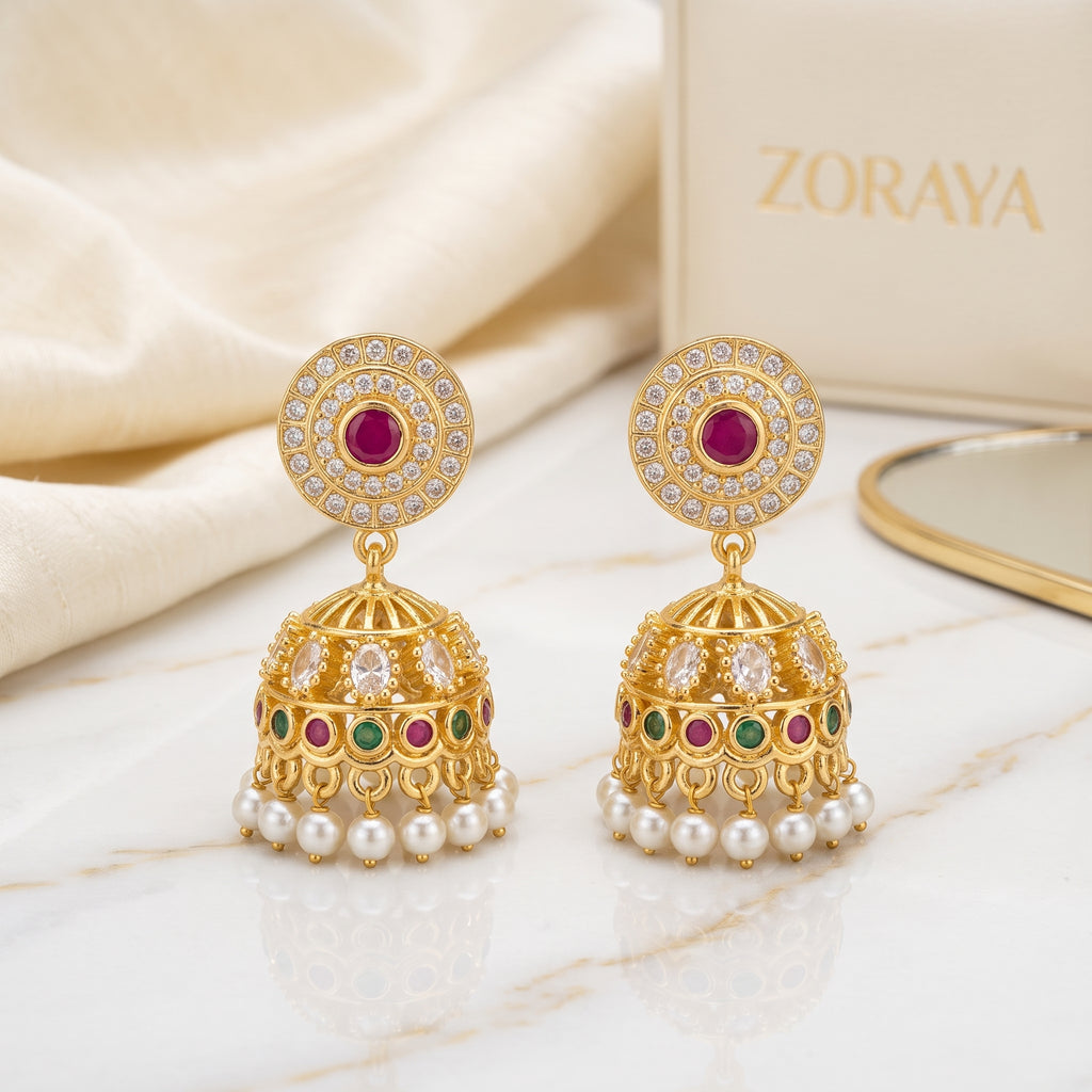Zoraya Premium CZ Pearl Jhumka Earrings