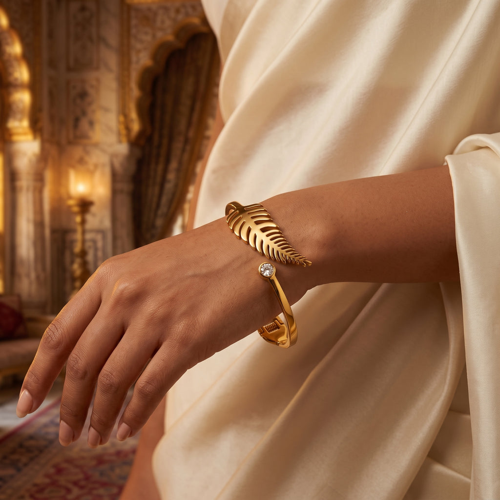 Zoraya Golden Leaf Crystal Cuff Bracelet