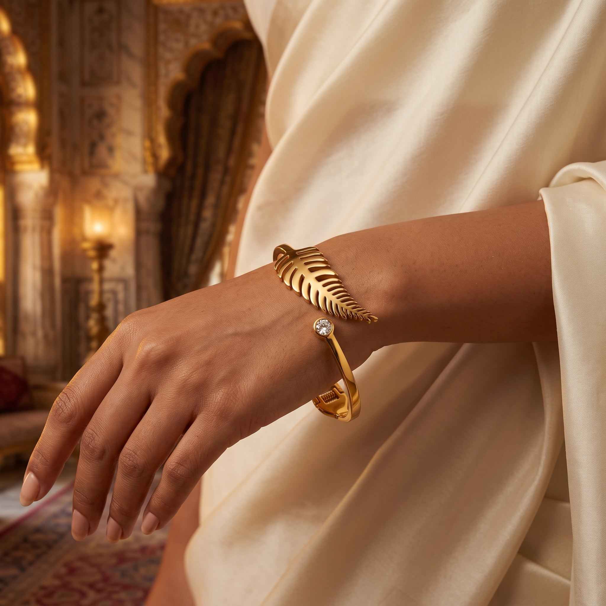 Zoraya Golden Leaf Crystal Cuff Bracelet